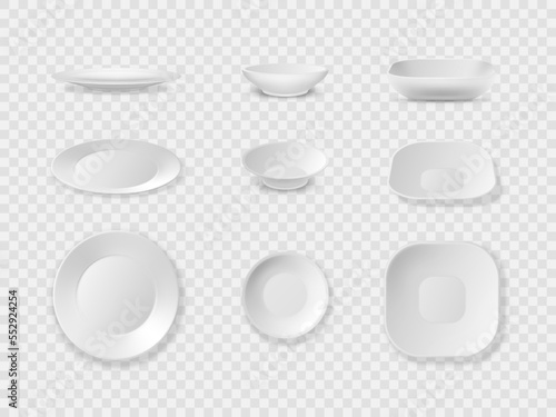 Ceramic dish. Realistic plate. Porcelain bowl. Square tableware. Dinner food mockup. Empty round platter. Kitchen utensil. Banquet serving. Different view angles. Vector dinnerware set