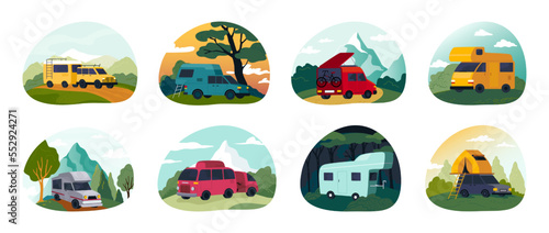 Camping caravan. Car on recreational road. Picnic with vehicle. RV truck. Holiday vacations. Travelers automobiles. Campsite transport. Isolated camper trailers set. Vector illustrations