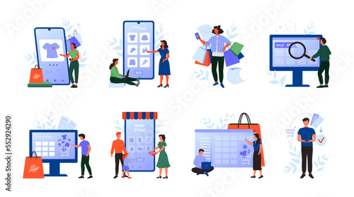 Online shop. Internet commerce store sale. Digital shopping set. Consumer page. Ecommerce app. Checkout landing. People buy clothing. Mobile application. Vector decent illustration
