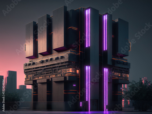 A brutalist architecture sci fi building with purple lights at night.
