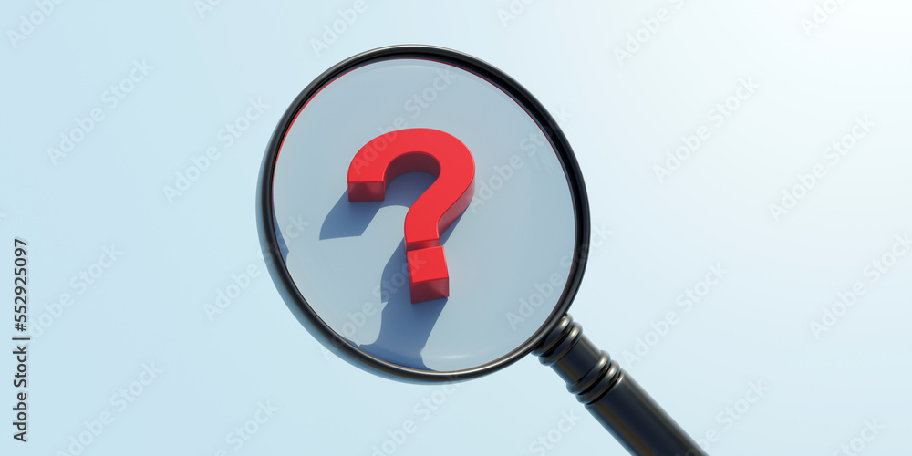Question marks red under a magnifying glass, blue color background. Search concept. 3d Question marks red under a magnifying glass, blue color background. Search concept. 3d