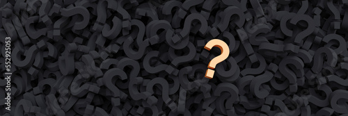Questionmark yellow on black color questionmarks background, banner. 3d