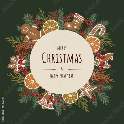 Circle label Christmas illustration of gingerbread spices with ginger, cinnamon, star anise, oranges, cloves, spruce, thuja, berries.