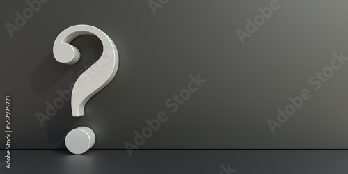 Questionmark white on black wall and floor background, copy space. 3d
