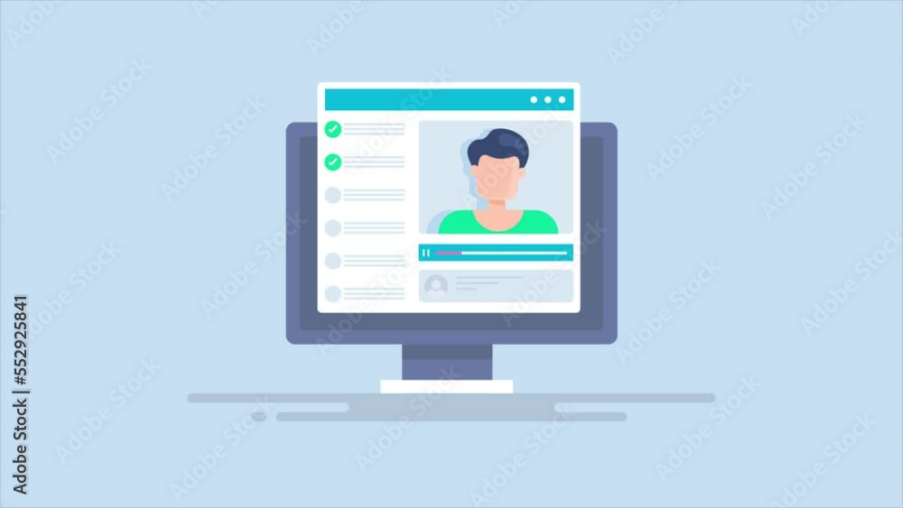 Teacher providing instruction with video tutorial on pc screen, online course completion certificate animation concept. Teacher providing instruction with video tutorial on pc screen, online course completion certificate animation concept.