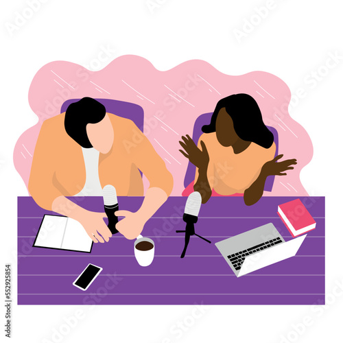 Couple of podcasters with microphones sitting at table