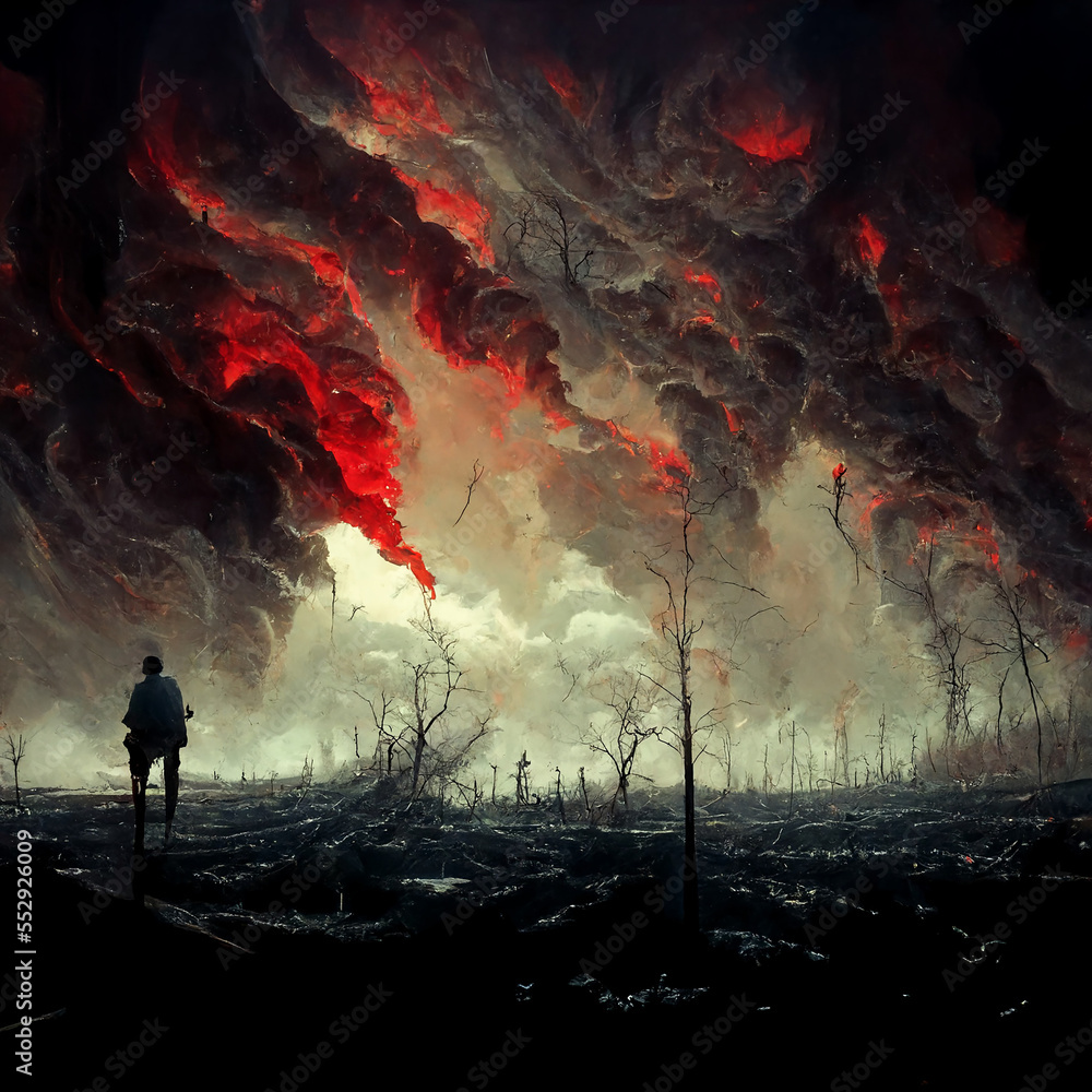 Fototapeta premium Man staring in the distance of a burning landscape in desolate wasteland warzone made with Generative AI