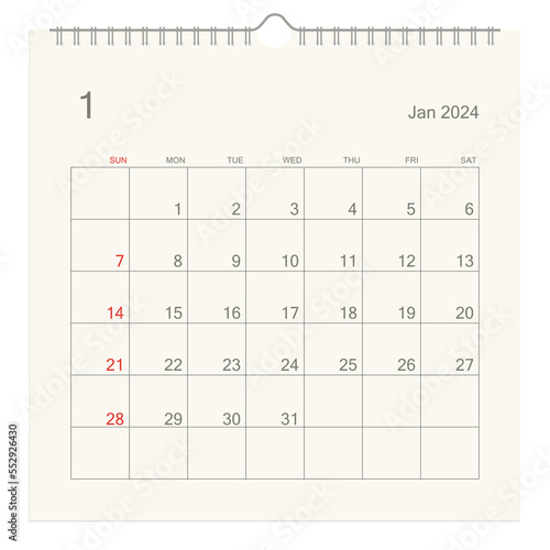 January 2024 calendar page on white background. Calendar background for reminder, business planning, appointment meeting and event. Week starts from Sunday. Vector illustration.