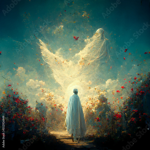 Angel of death in the clouds with man standing in a field of bushes and red roses made with Generative AI