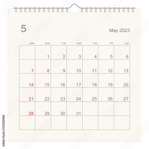 May 2023 calendar page on white background. Calendar background for reminder, business planning, appointment meeting and event. Week starts from Sunday. Vector illustration.