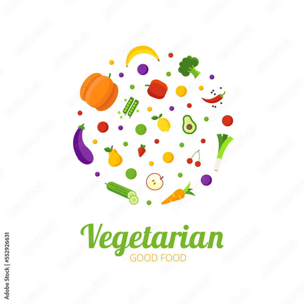 Vegetarian good food logo concept. Healthy food circle with different fruits and vegetables icons. Abstract logo for organic shop, vegetarian cafe, vegan store. Vegan nutrition vector Vegetarian good food logo concept. Healthy food circle with different fruits and vegetables icons. Abstract logo for organic shop, vegetarian cafe, vegan store. Vegan nutrition vector