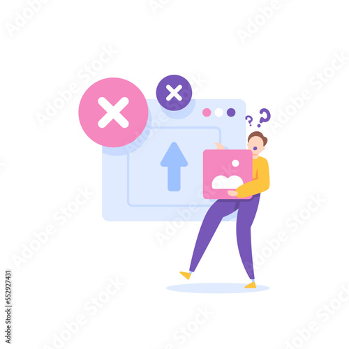 system error, failed to upload image or file, file rejected. a male user is confused because he can't upload his photo. problems and technology. illustration concept design. graphic elements