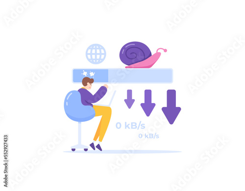 slow internet speed, slow internet connection, download process. a man is annoyed or angry because the download speed is very slow or does not work. problems and technology. illustration concept