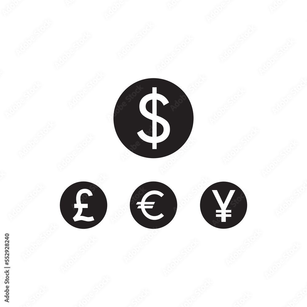 Dollar, Euro, Pound and Yen currency icons. USD, EUR, GBP and JPY money sign symbols. Icons in circles. Dollar, Euro, Pound and Yen currency icons. USD, EUR, GBP and JPY money sign symbols. Icons in circles.