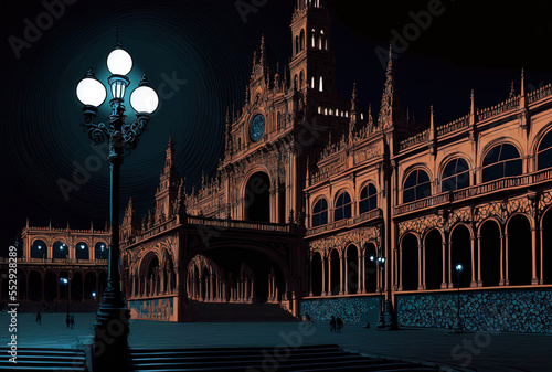 The Plaza de Espaa at night. Generative AI photo