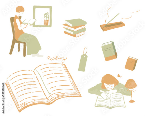 読書をする人や栞のセットイラスト　本　積読　主線なし
