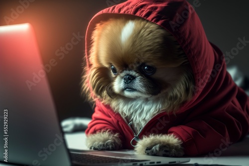 Dog wearing a red hoodie does job by laptop computer with AI Generetive photo