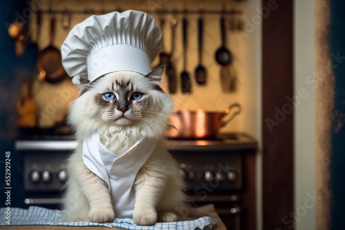 Ragdoll cat kitten in chefs hat sits at the kitchen table