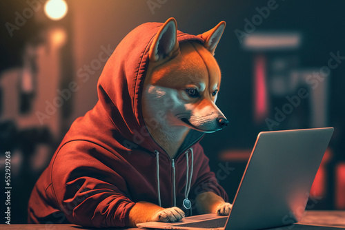 Dog wearing a red hoodie does job by laptop computer with AI Generetive photo