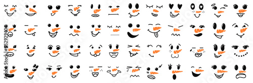 Vector big set of Cute Snowman Faces. Cute snowman faces - vector big collection. Cartoon Funny Doodle Snowman Head Face with Different Emotions Set. Winter Holidays, Christmas and New Year.