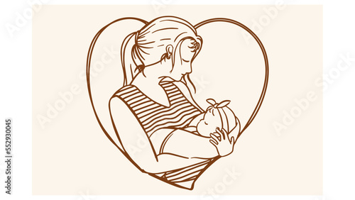 illustration of a mother with her baby in heart shape line art. mother and baby care, pregnancy and maternity. mother's day