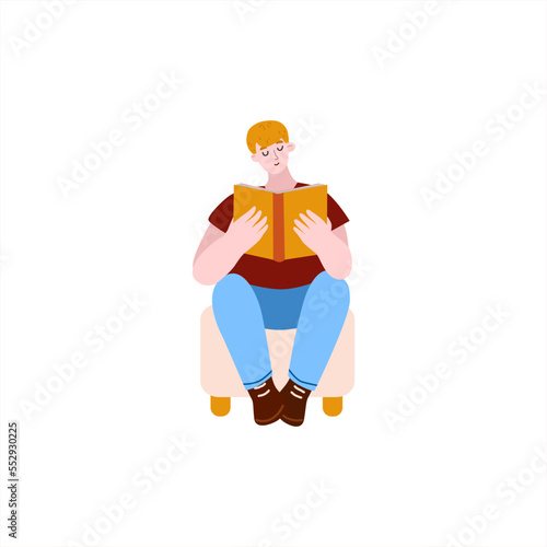 Young vector person reads book. Cartoon man sit on the chair. His hobby is reading tutorials. Illustration is in flat style