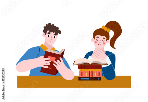 Students in cartoon style read education books. Flat style boy get new knowledge. Young girl listens what boy is reading
