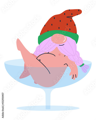 Pot-bellied dwarf in a glass goblet. Naked gnome. Fairy tale character. Flat vector illustration, eps10