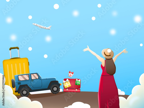 Travel concept. Tourist girl wear shirt was standing with his arms raised in  happy expression with luggage  cars  planes and snow falling. 3D illustration for Holiday travel  winter  year-end holiday