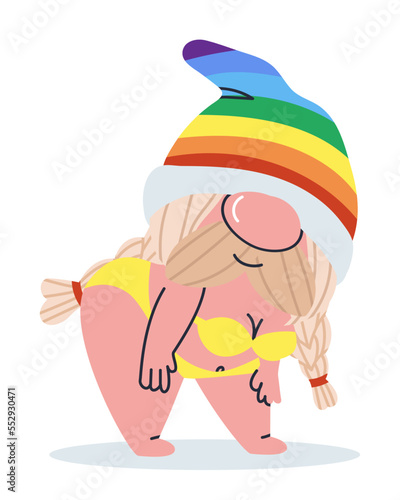 Real bearded dwarf woman. Cutie in a bathing suit. Girl in a rainbow hat. Fairy tale character. Flat vector illustration, eps10