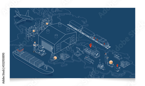 3D isometric Global logistics network concept with Transportation operation service, Export, Import, Cargo, Air, Road, Maritime delivery. Vector illustration EPS 10