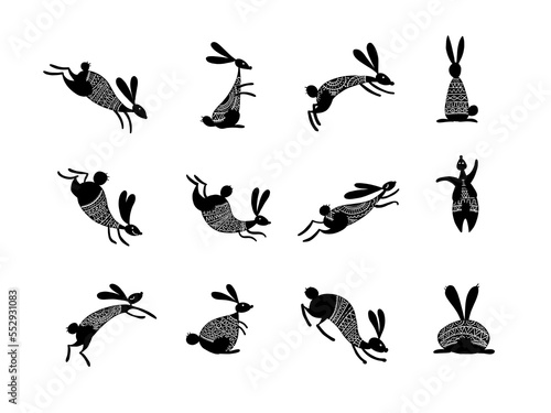 Vintage rabbit icons set. Chinese new year 2023 of the rabbit zodiac sign. Fu...