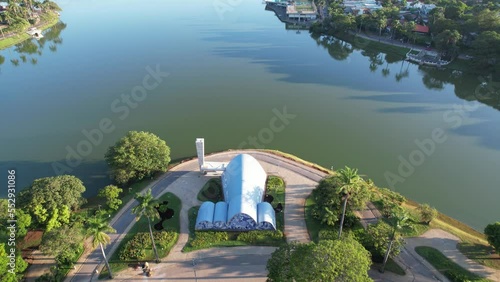 Lagoa da Pampulha, in Belo Horizonte, overlooking the Church of São Francisco de Assis and Guanabara Park. Minas Gerais Brazil. Aerial view.