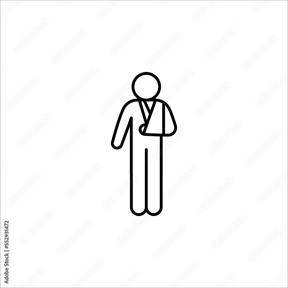 Injured man in bandage. Broken arm icon. Injured man icon on white background. Injured man in bandage. Broken arm icon. Injured man icon on white background.