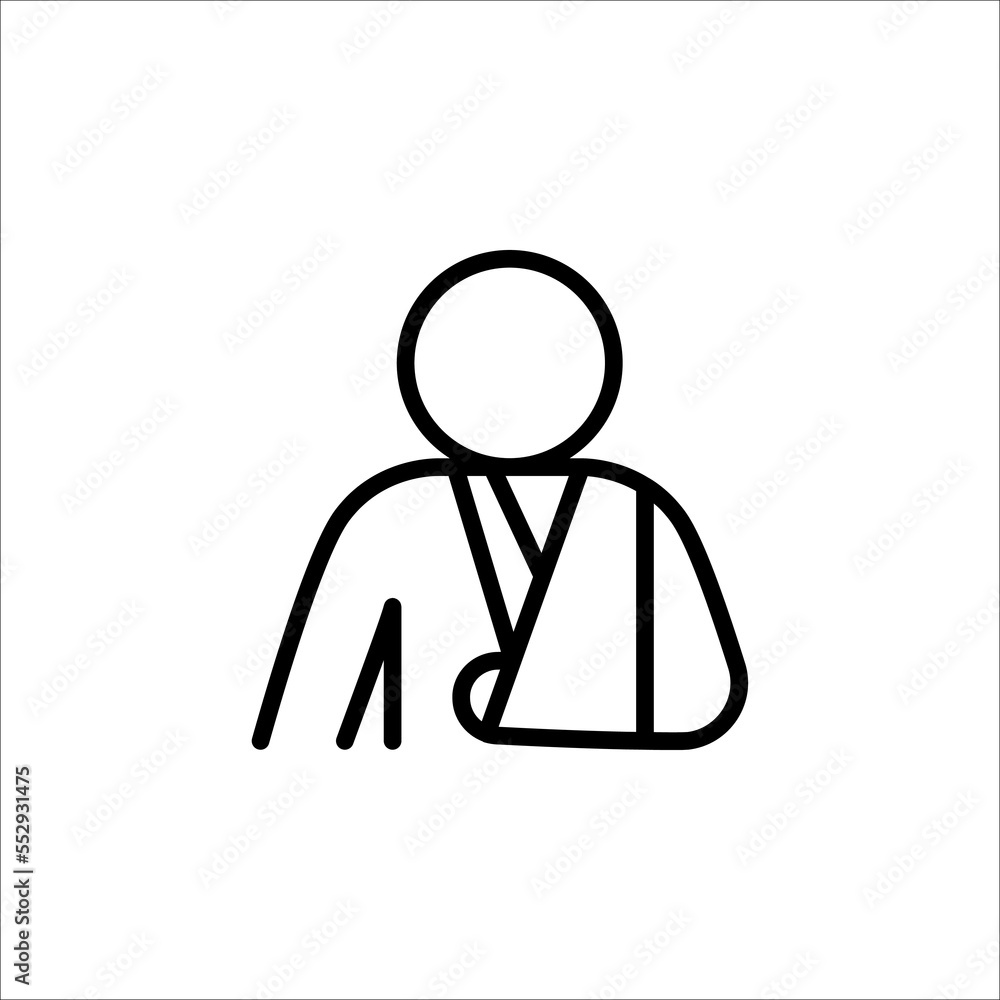 Injured man in bandage. Broken arm icon. Injured man icon on white background. Injured man in bandage. Broken arm icon. Injured man icon on white background.