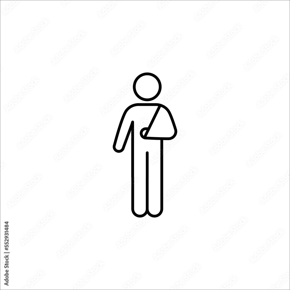 Injured man in bandage. Broken arm icon. Injured man icon on white background. Injured man in bandage. Broken arm icon. Injured man icon on white background.