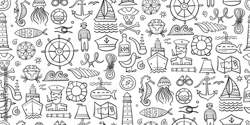 Nautical icons of navigator, ship and captain, lighthouse and sailor. Seamless pattern background for your design