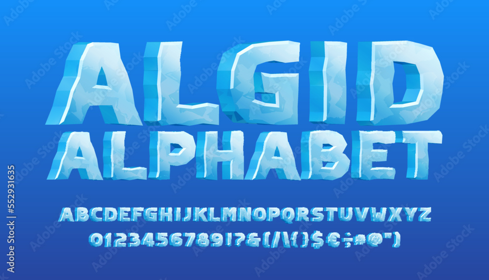 Algid alphabet font. 3D cartoon ice letters, numbers and symbols. Stock vector typescript for your typography design. - obrazy, fototapety, plakaty 