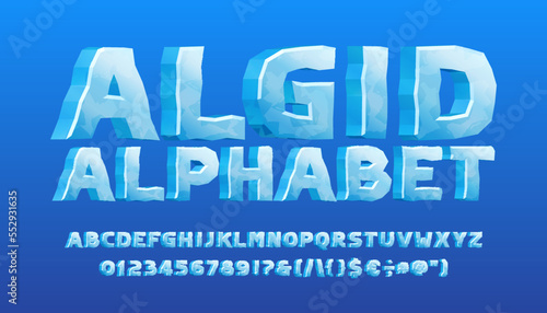 Algid alphabet font. 3D cartoon ice letters, numbers and symbols. Stock vector typescript for your typography design. photo