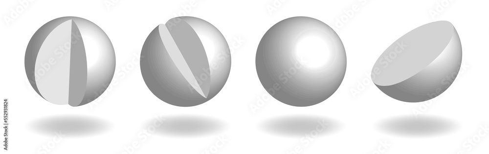Set of white spheres on white background. Whole and cut balls with shadows. Set of white spheres on white background. Whole and cut balls with shadows.