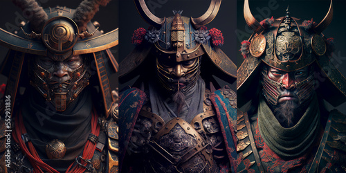 Set of Japanese Samurai Warrior illustration.