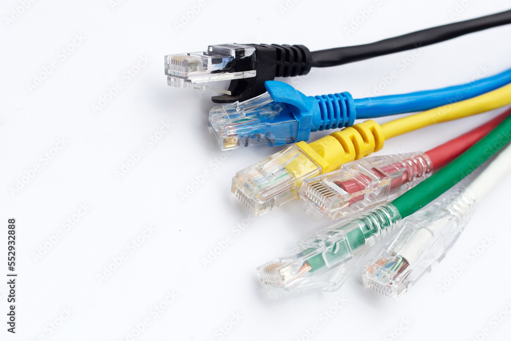 LAN network connection ethernet cables on white background.

