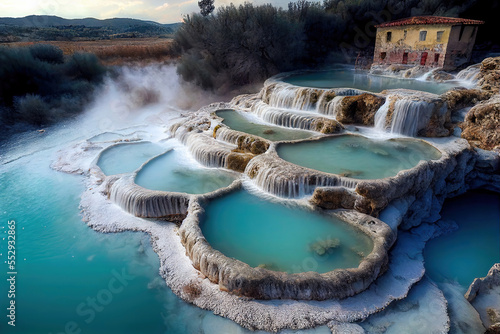 Generative AI : a natural spa with waterfalls and hot springs at Saturnia thermal baths, Grosseto, Tuscany, Italy	
