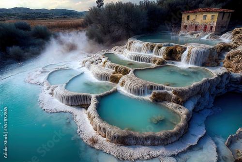Generative AI : a natural spa with waterfalls and hot springs at Saturnia thermal baths, Grosseto, Tuscany, Italy	
 photo