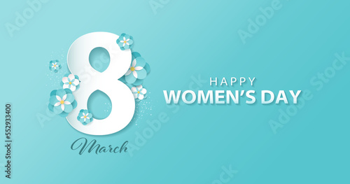 International Women's Day graphic. March 8, number decorated with blue flowers in paper cut art style. Happy Women's Day.