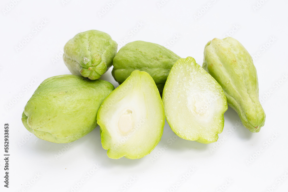 Fresh chayote fruit on white background. Fresh chayote fruit on white background.