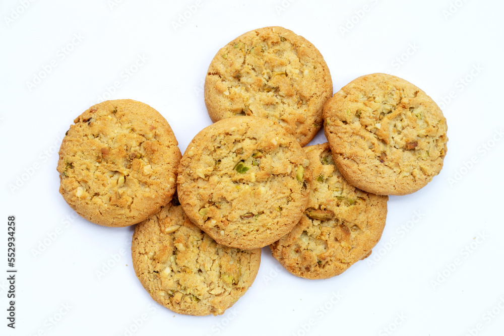 pistachio and almond cookies on white background. pistachio and almond cookies on white background.