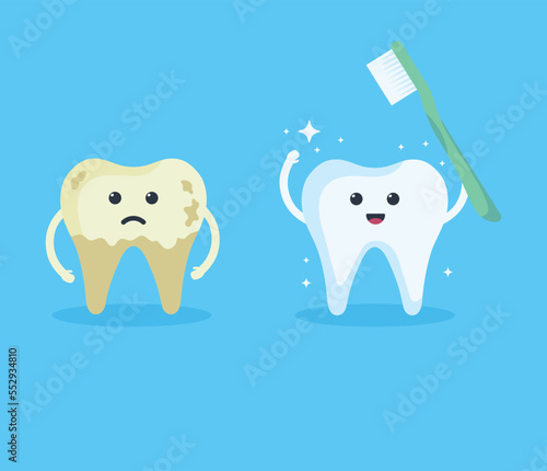 Cute healthy white and yellow spoiled sad tooth. children dentistry sad character. Dental Infographic elements concept vector illustration