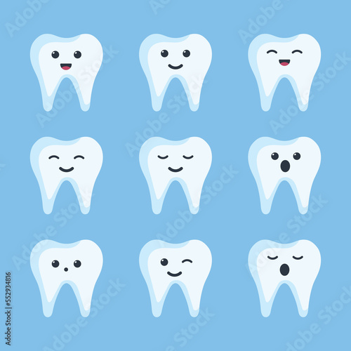 Cute cartoon teeth collection. Flat illustration cartoon tooth with different emotion. Tooth Cartoon Character Concept Vector Illustration.