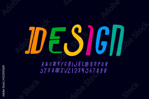 Playful italic font, modern children alphabet, colored trendy letters and numbers, vector illustration 10EPS